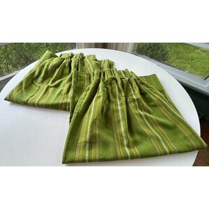 Vintage 70s curtains, avocado green vertical stripes, pair pleated panels